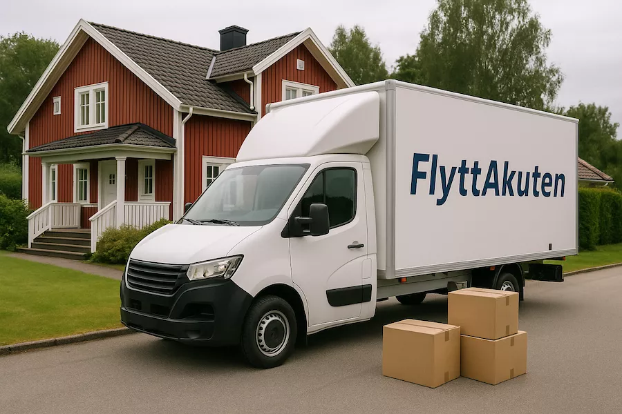 Flyttbil utanför villa i Lerum redo för akut flytt